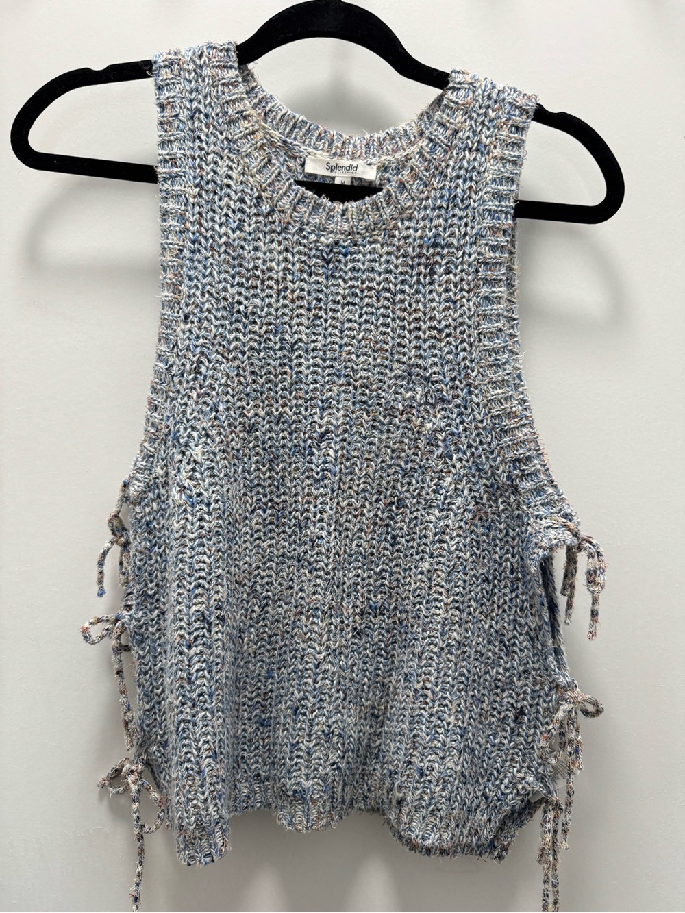 Splendid Marled Knit Sleeveless Side-Tie Tank Blue/Grey Cotton Mix Medium